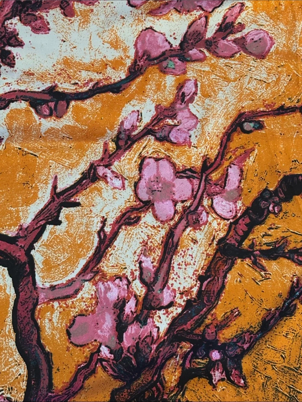 Vibrant Oversized Orange Floral Branch Print Silk Scarf